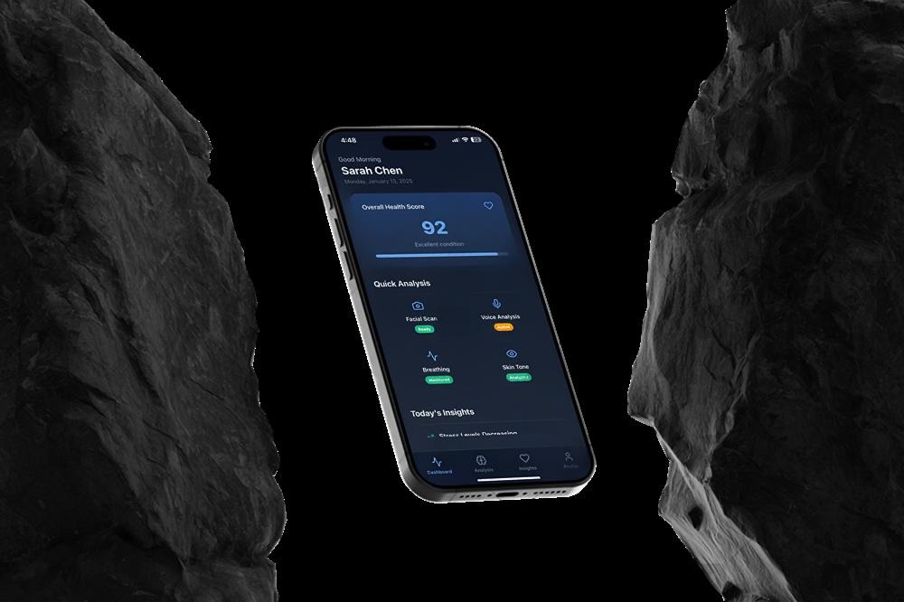FourthLayer AI app interface displayed on smartphone against dramatic rocky landscape, showing health monitoring dashboard with overall health score of 92 and comprehensive health analysis metrics